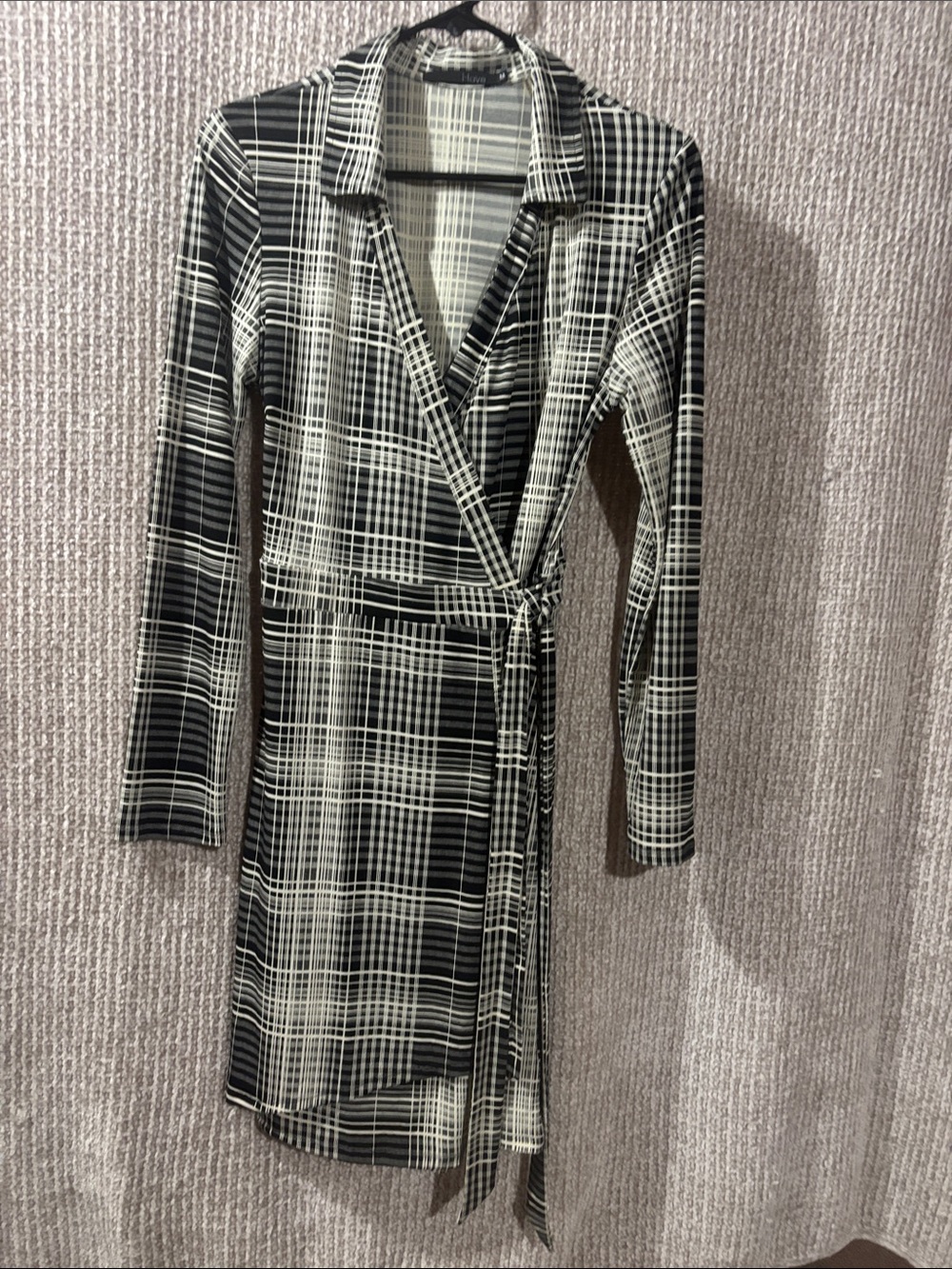 Have Black and White Plaid Wrap Dress with Tie Waist